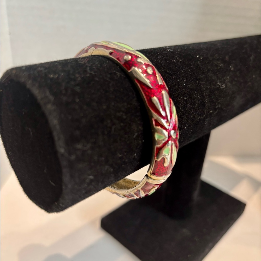 Vintage Crimson Red Light Green Floral Cloisonné Enamel Hinged Bangle Bracelet